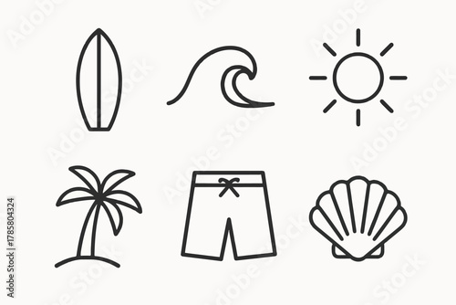 Minimalist beach icons: surfboard, wave, sun, palm, shorts, shell