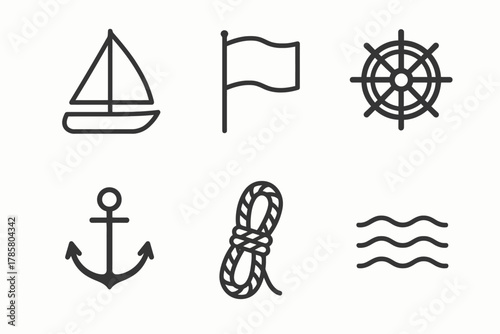 Nautical icons collection: sailboat, flag, helm, anchor, rope, waves