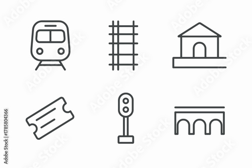 Minimalist transport icons: train, rails, ticket, signal, bridge, station