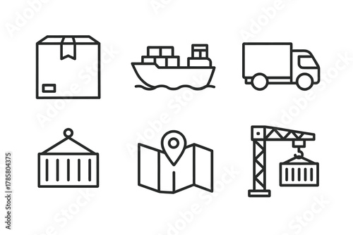 Logistics and shipping icons: package, ship, truck, container, map, crane