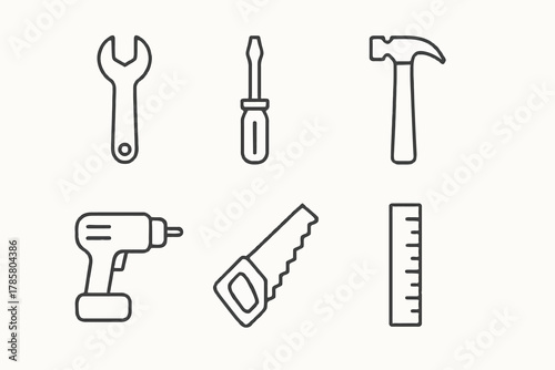 Set of outline tool icons: wrench, screwdriver, hammer, drill, saw, ruler