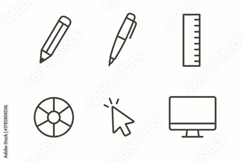 Minimalist icons of pencil pen ruler color wheel cursor monitor