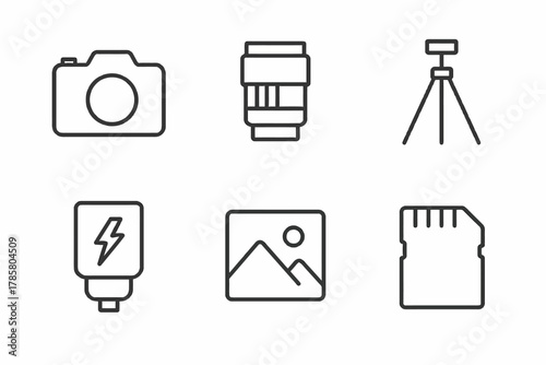 Photography equipment icons: camera, lens, tripod, flash, image, memory card