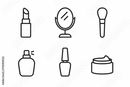 Minimalist beauty icons: lipstick, mirror, brush, spray, nail polish, cream