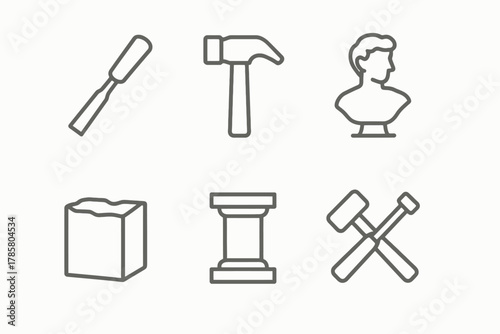 Minimalist icons of sculpting tools and classical art elements on white background