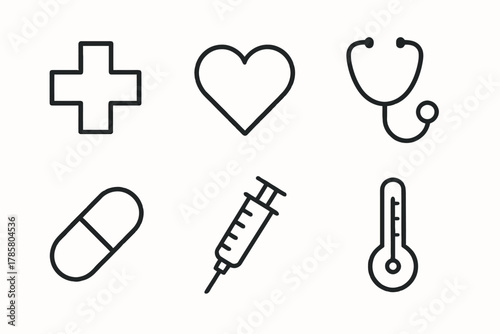 Medical symbols: health, heart, stethoscope, pill, syringe, thermometer icons