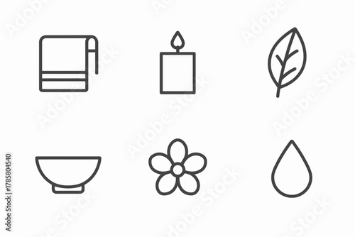 Set of minimalist wellness icons: towel, candle, leaf, bowl, flower, droplet