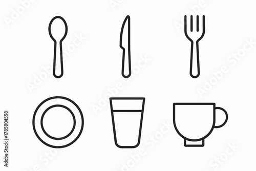 Minimalistic black and white outline of cutlery and tableware set
