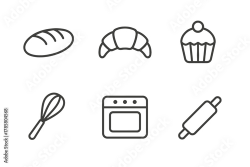 Simple baking icons: bread, croissant, cupcake, whisk, oven, rolling pin