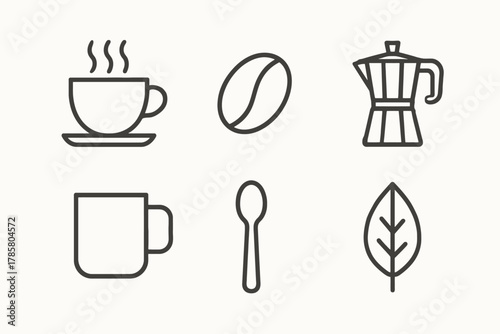 Set of coffee icons: cup, bean, moka pot, mug, spoon, leaf