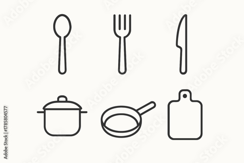Vector icons of kitchen utensils: spoon, fork, knife, pot, pan, cutting board