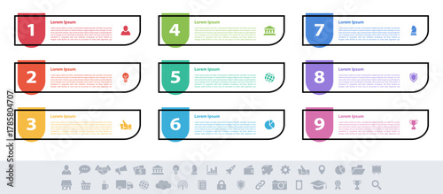 Infographic design business concept vector illustration with 9 steps or options or processes represent work flow or diagram or web button banner