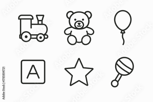 Outline icons of train, teddy bear, balloon, letter block, star, and rattle
