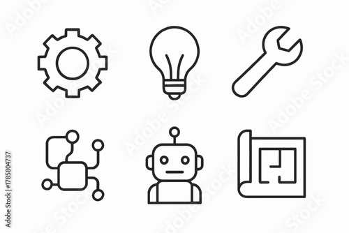 Technology icons: gear, lightbulb, wrench, network, robot, blueprint line art