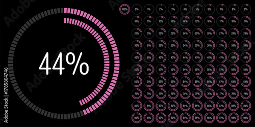 Set of circle percentage progress bar diagrams meters from 0 to 100 ready-to-use for web design, user interface UI or infographic - indicator with pink