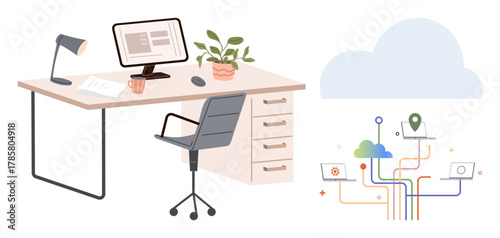 Modern desk setup with computer, lamp, plant, and coffee cup next to a cloud connectivity diagram. Ideal for productivity, technology, remote work, innovation, digital transformation cloud