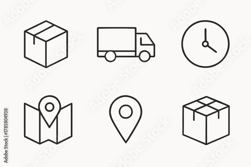 Logistics icons: box, truck, clock, map, location pins for delivery services