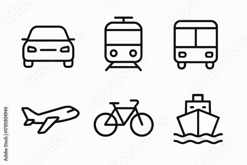 Outline icons of various transportation modes: car, train, bus, airplane, bicycle, ship