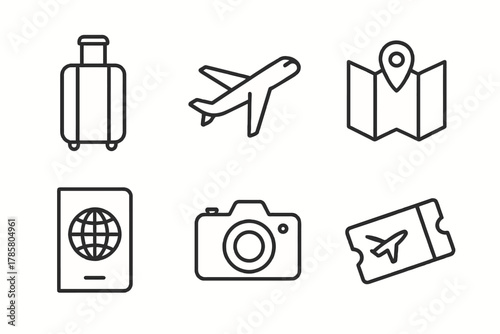 Travel icons: suitcase airplane map passport camera ticket in minimalist design