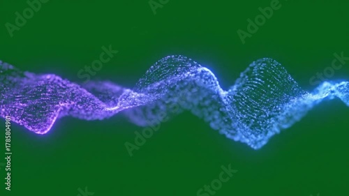 Abstract glowing waves of digital particles flowing on a green background.