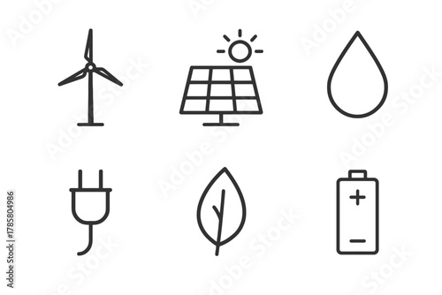 Renewable energy icons: wind, solar, water, plug, leaf, battery