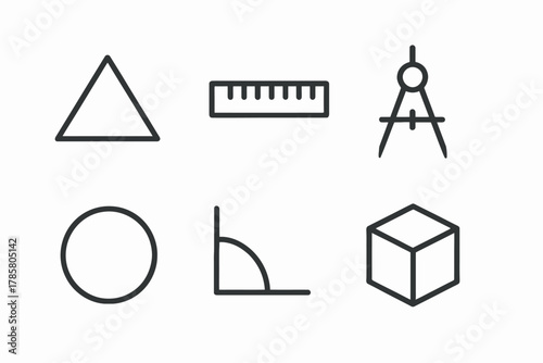 Geometric shapes with triangle, ruler, compass, circle, protractor, and cube icons