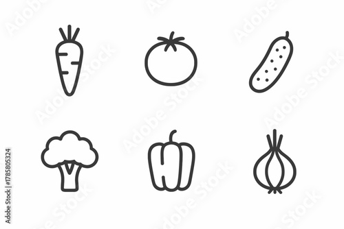 Outline icons of carrot, tomato, cucumber, broccoli, bell pepper, onion vegetables