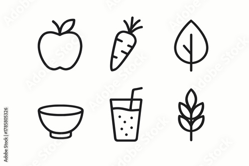 Simple line icons of apple, carrot, leaf, bowl, drink, and wheat