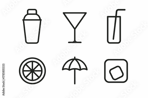Minimalist icons: cocktail shaker, glass, juice, citrus, umbrella, ice cube
