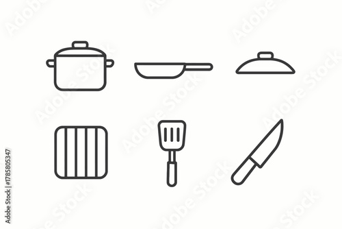 Minimalist kitchen icons: pot, pan, lid, grater, spatula, knife for cooking essentials