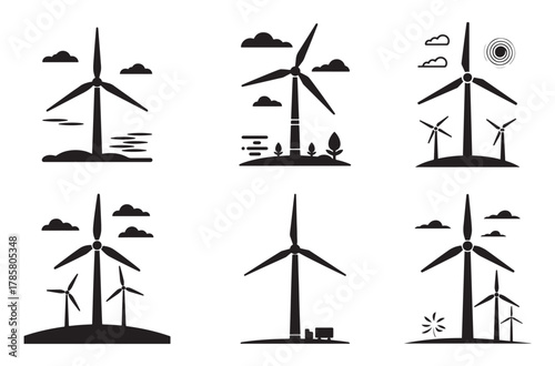 Wind Turbine Silhouette Icon Set. Vector Renewable Energy and Green Power Symbols