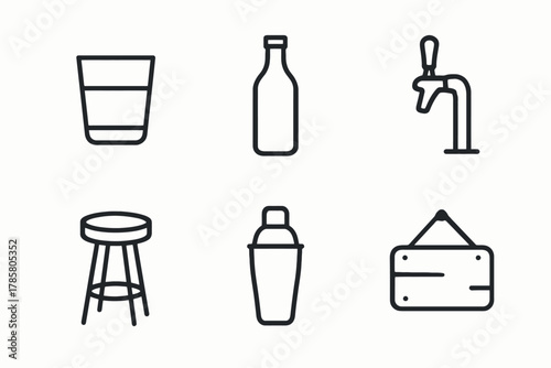 Bar icons: glass, bottle, tap, stool, shaker, sign in minimalist style