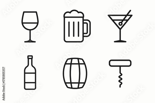 Minimalist icon set of alcoholic drinks and bar items in black and white
