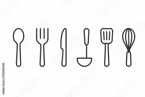 Minimalist kitchen utensils set: spoon, fork, knife, ladle, spatula, whisk