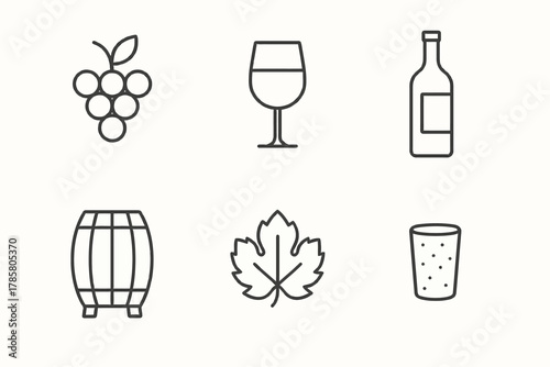 Wine icons: grapes, glass, bottle, barrel, leaf, and sparkling drink