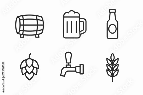 Beer icons set: barrel, mug, bottle, hops, tap, wheat, black and white line art