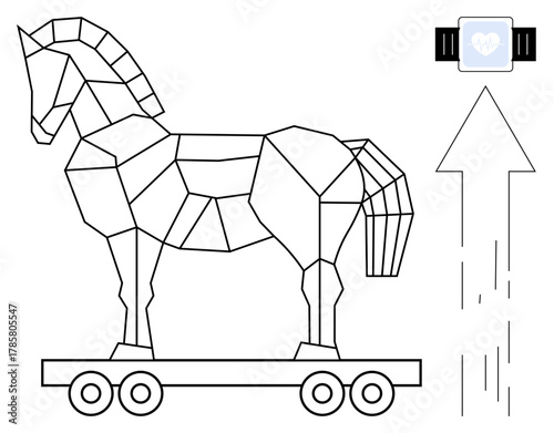 Geometric Trojan horse on wheels, a smartwatch heart monitor, and a rising arrow. Ideal for cybersecurity, deception, strategy, technology, innovation growth health awareness. Simple flat metaphor