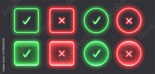 Neon checkmark icons, glowing check buttons, glossy glass signs. Tick and cross symbols to select correct or wrong options from the list. Vector illustration.
