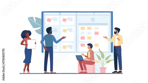 Diverse team collaborating around a large whiteboard with sticky notes and a laptop for project planning and brainstorming ideas