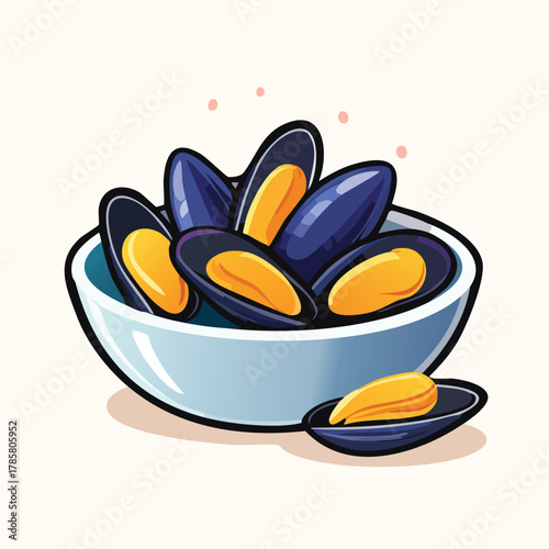 A bowl of freshly steamed mussels, a delectable seafood appetizer. Perfectly cooked mollusks for a gourmet culinary experience or a healthy meal
