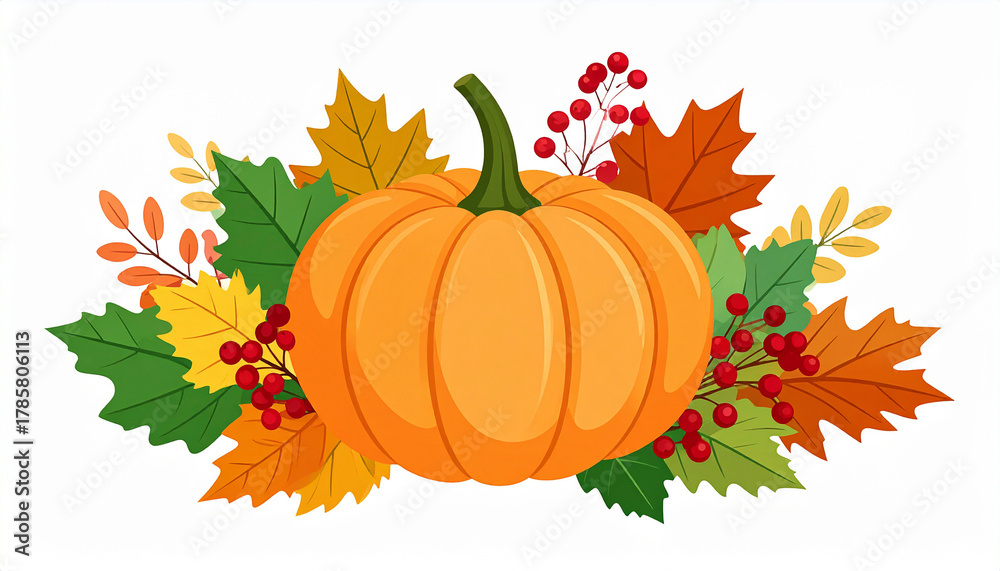 Naklejka premium Autumn pumpkin with colorful leaves and berries