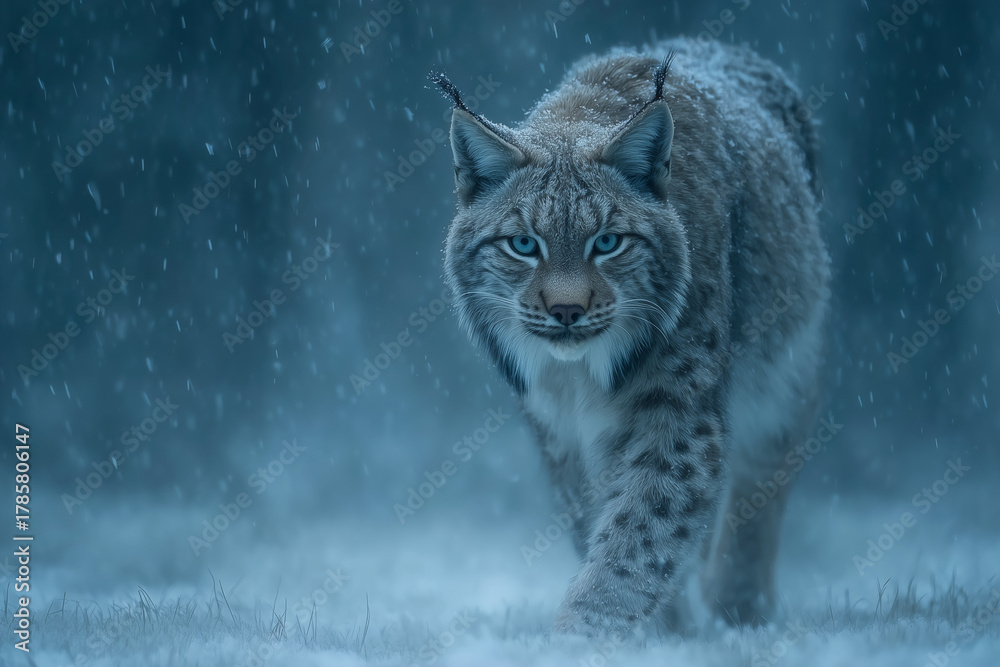 Fototapeta premium A spotted lynx stalking in a winter snowstorm. Firece predator in the cold. Wildlife expedition.