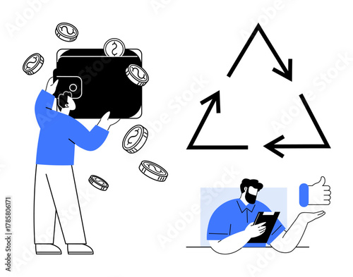 Person holding wallet with falling coins, recycle arrows, and man using tablet with thumbs-up gesture. Ideal for finance, savings, eco-friendly actions, approval, technology use, decision making