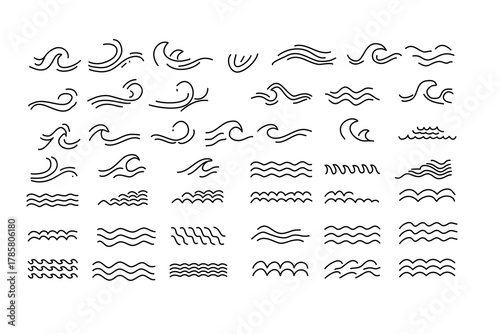 Minimalist vector set of wave line icons featuring ocean waves, ripples, and flowing patterns, perfect for marine themes, surf branding, aquatic symbols, and decorative graphic designs.