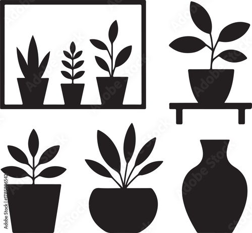 Minimalist Plant Frames Silhouette with Rectangular Frame Round Pot Vase and Shelf