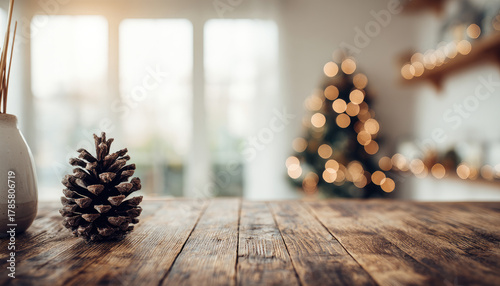 Pinecone on rustic wood table with blurred Christmas tree and window light