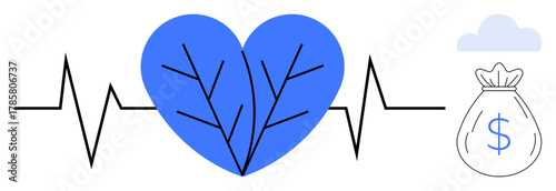 Heartbeat line leading to a blue heart with leaf veins, cloud, and dollar bag. Ideal for health, finance, sustainability, eco-consciousness, wellness investment and growth. Simple flat metaphor