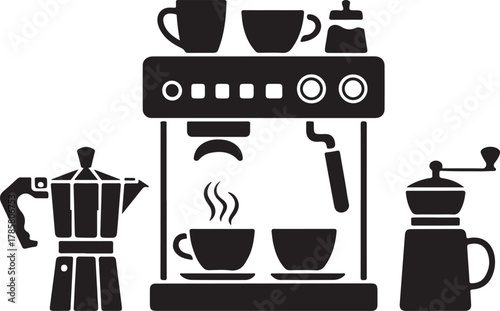Modern Coffee Corner Silhouette with Espresso Machine Cups Saucer Coffee Beans Kettle Mug Grinder and Sugar Jar