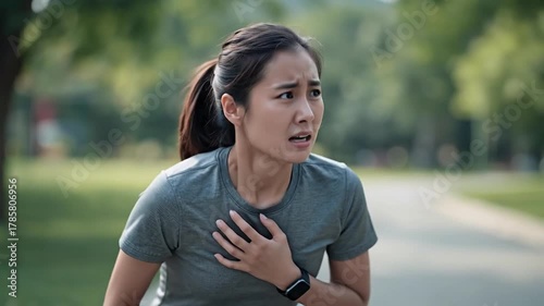 Young Asian Woman Experiencing Sudden Chest Pain or Shortness of Breath During Outdoor Exercise in a Park