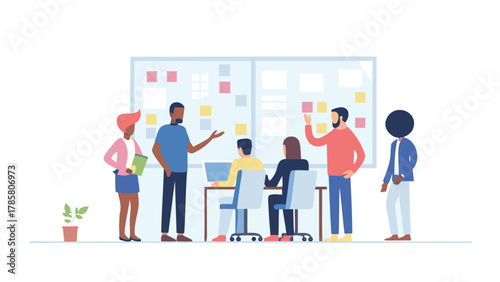 Diverse team collaborating and brainstorming ideas around a large whiteboard with sticky notes in a modern office setting